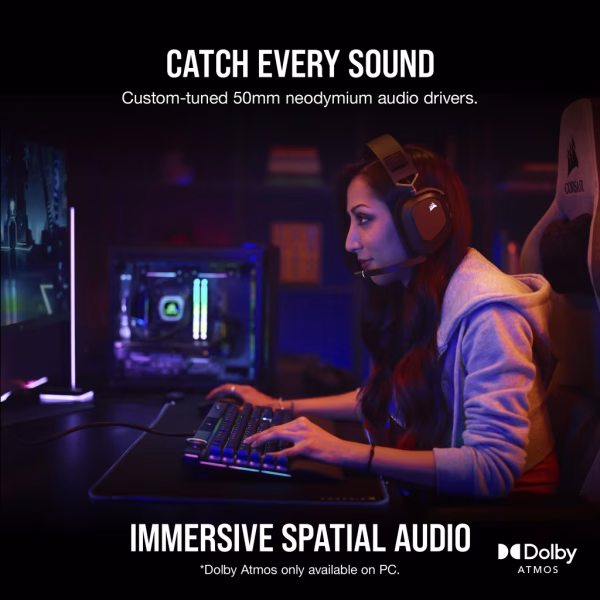 CORSAIR HS80 RGB WIRELESS Carbon Headset | Dolby Atmos Spatial Audio | SLIPSTREAM