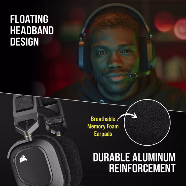 CORSAIR HS80 RGB WIRELESS Carbon Headset | Dolby Atmos Spatial Audio | SLIPSTREAM