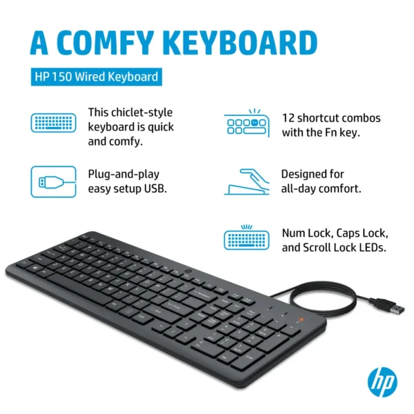 HP 150 Wired Keyboard 664R5AA | Full Size | 12 Shortcut Keys | USB-A - Compu-Fi Technology South Africa